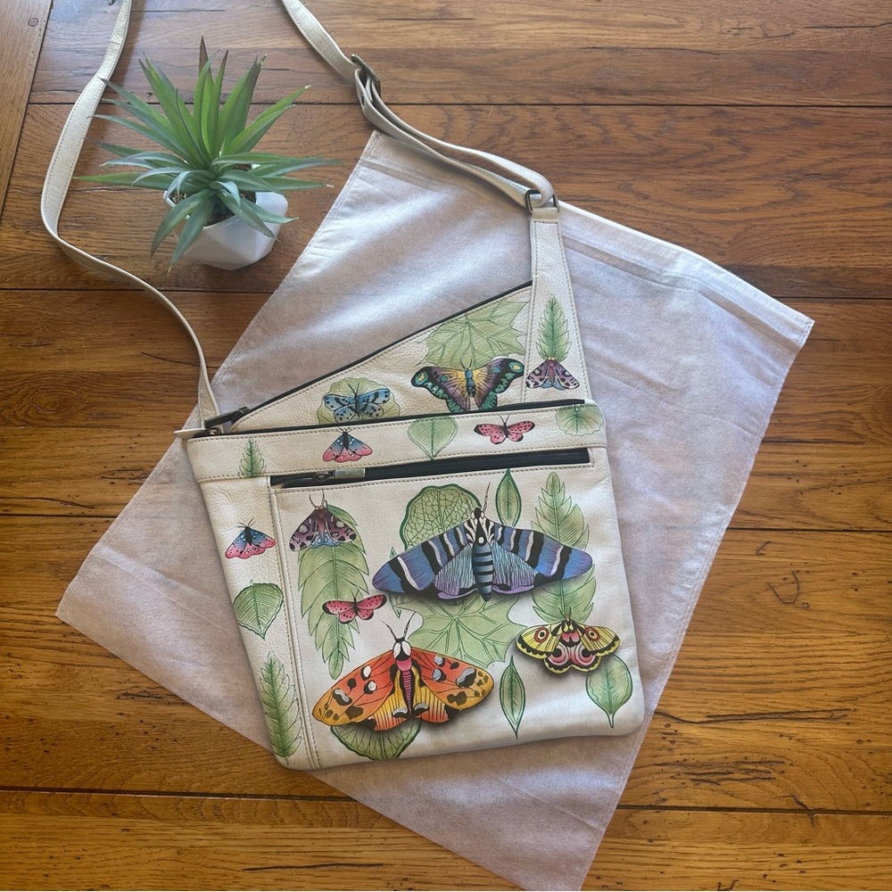 ANUSCHKA Leather Hand Painted Asymmetric Slim Crossbody Bag Butterfly Moth Print - Picture 12 of 12